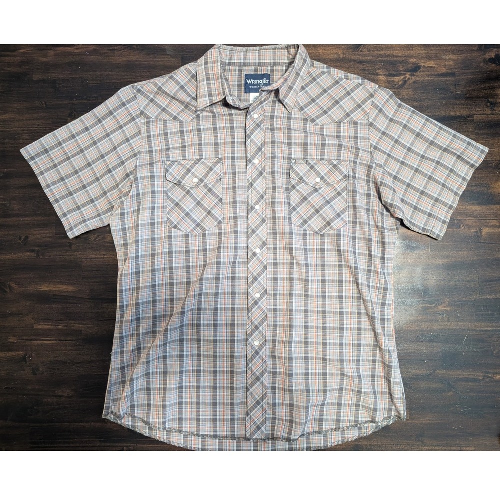 Wrangler Western Shirt Mens Large Grey Orange Plaid Pearl Snap Short Sleeve L